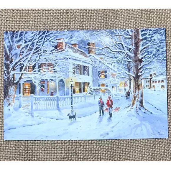 Vintage Other - Jess Hager Art Winter Frolic Christmas Card Boys Pulling Sleds Snow Framable